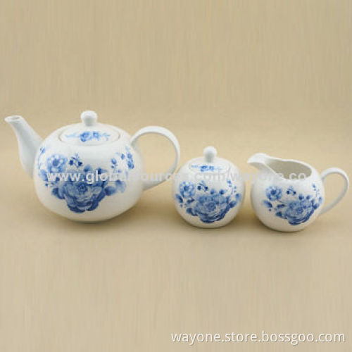 1,000mL Tea Pot with 300mL Sugar Pot and 300mL Creamer, Blue and White Design, New for 2014